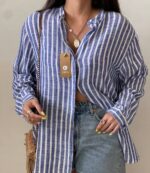 شومیز لینین زنانه CICI{آبی راه راه} - Image 2